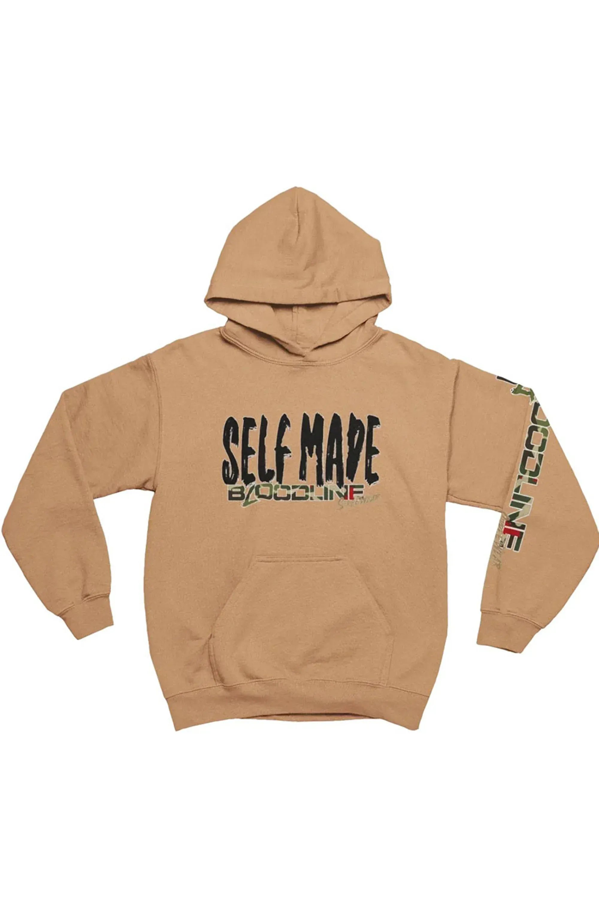 A tan pullover hoodie with 'SELF MADE' printed in black and camouflage on the chest.